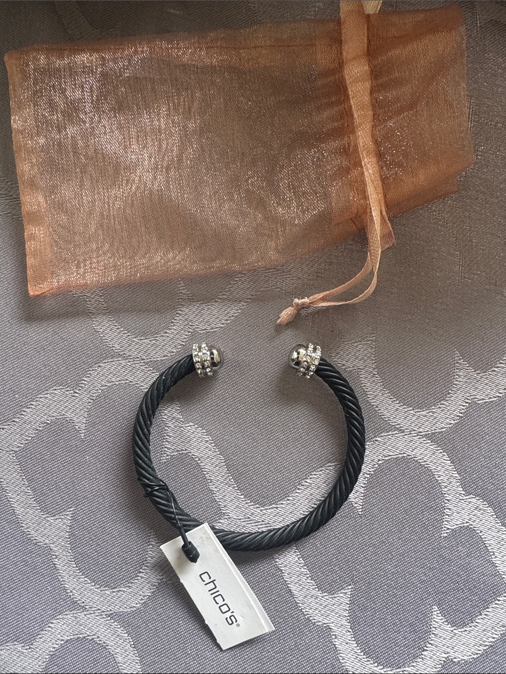 Chico's Black Twisted Cable Cuff Bracelet with Sparkling Silver End Caps
